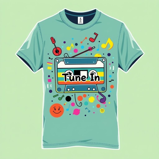 mockup design, Design a vibrant, eye-catching T-shirt featuring a whimsical illustration of a retro cassette tape surrounded by colorful musical notes and abstract shapes. The shirt should have a relaxed fit, available in various colors. Incorporate a playful, vintage-style font that reads “Tune In” across the chest for added flair.