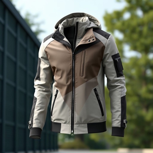 mockup design, Design a stylish, contemporary jacket mockup featuring a sleek silhouette, with a combination of durable fabric and an urban-inspired color palette. Incorporate unique elements like asymmetrical zippers and deep pockets, perfect for both functionality and aesthetics. Showcase the jacket in a casual outdoor setting, highlighting its versatility for everyday wear.