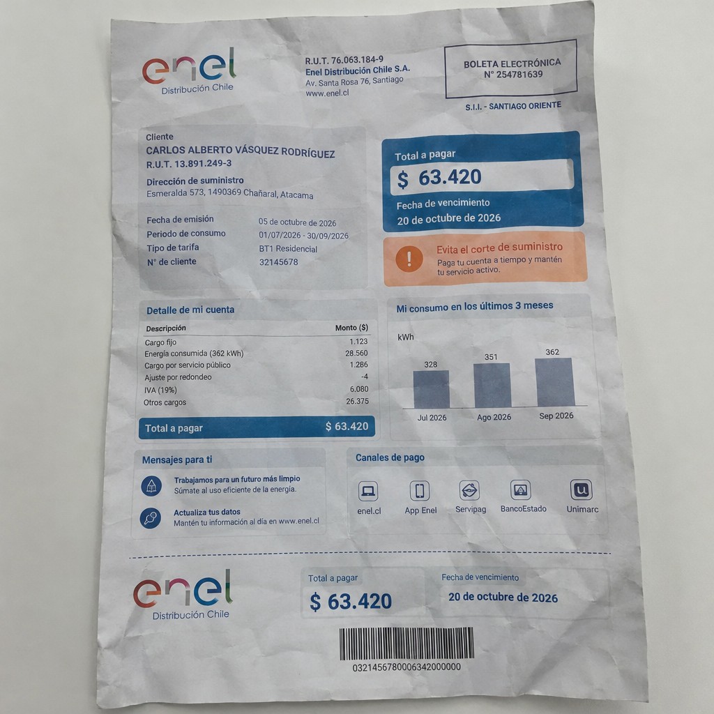 Create a statement, an electricity bill in CHILE. The A4 statement should be realistic, as if it were photographed on a phone. The document should be on a white background. The document must be for the last 3 months of October 2026. The document should contain several transactions and be wrinkled at the edges.
Name CARLOS ALBERTO VÁSQUEZ RODRÍGUEZ
Address Esmeralda 573, 1490369 Chañaral, Atacama
R.U.T. 13891249-3
Date of birth 19.05.1977