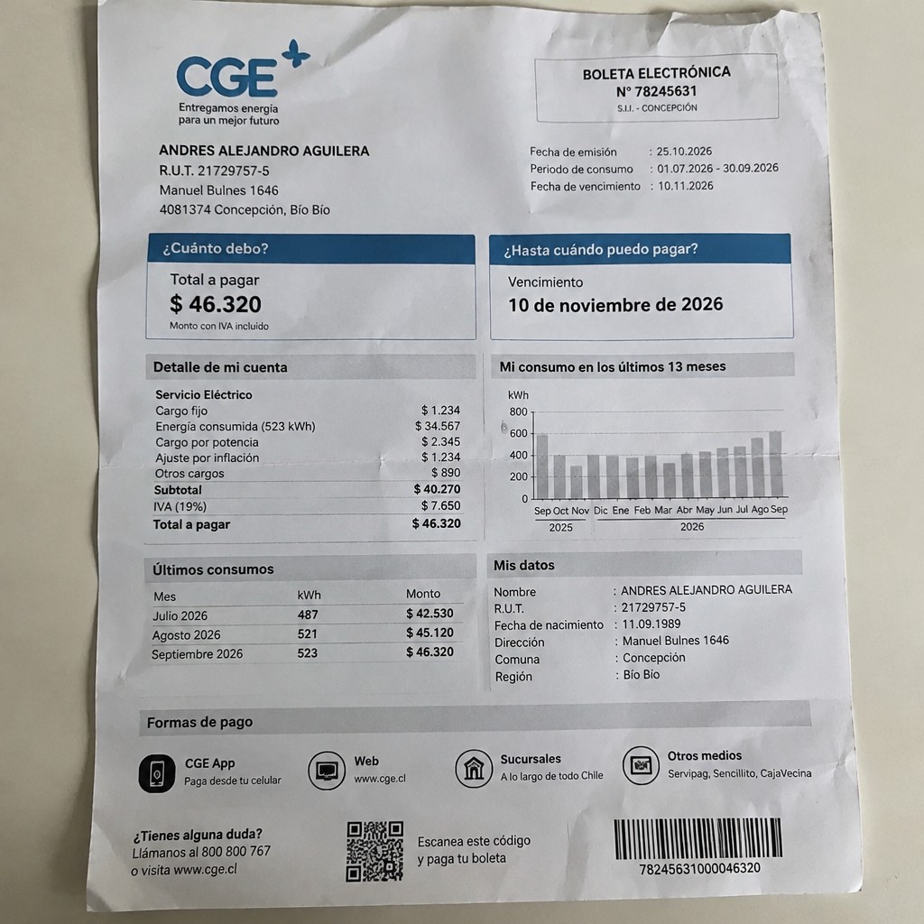 Create a statement, an electricity bill in CHILE. The A4 statement should be realistic, as if it were photographed on a phone. The document should be on a white background. The document must be for the last 3 months of October 2026. The document should contain several transactions and be wrinkled at the edges.
Name ANDRES ALEJANDRO AGUILERA
Address Manuel Bulnes 1646, 4081374 Concepción, Bío Bío
R.U.T. 21729757-5
Date of birth 11.09.1989
Date of discharge 25.10.2026 (OCTOBER 2026)