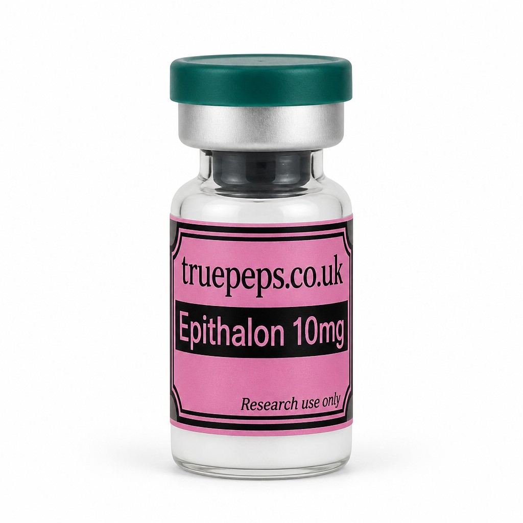 Recreate the exact glass pharmaceutical vial shown in the reference image, with no design changes whatsoever — same teal/green flip-off cap, same silver crimp collar, same clear glass vial, same pink label with black double-line border. Label text must match exactly: "truepeps.co.uk" at the top, a black bar containing "Epithalon 10mg" in pink text, and "Research use only" in small italic text at the bottom. Do not alter colors, wording, logo, or label layout in any way.
Reframe only: center the vial upright in the middle of the frame, straight-on eye-level angle, full label facing camera and fully legible with no text cut off. Place on a seamless pure white studio background. Soft, even diffused studio lighting with no harsh glare on the glass or cap. Subtle soft realistic shadow directly beneath the vial. Sharp focus throughout, especially the label text. Professional e-commerce product photography style, high detail, 4K.