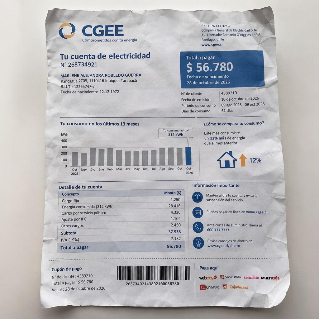 Create a statement, an electricity bill in CHILE. The A4 statement should be realistic, as if it were photographed on a phone. The document should be on a white background. The document must be for the last 3 months of October 2026. The document should contain several transactions and be wrinkled at the edges.
Name MARLENE ALEJANDRA ROBLEDO GUERRA
Address Rancagua 2709, 1110416 Iquique, Tarapacá
R.U.T. 12265747-7
Date of birth 12.12.1972