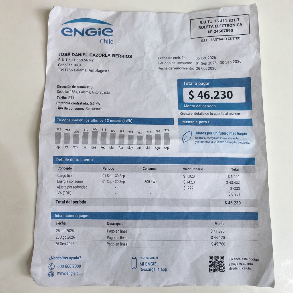 Create a statement, an electricity bill in CHILE. The A4 statement should be realistic, as if it were photographed on a phone. The document should be on a white background. The document must be for the last 3 months of October 2026. The document should contain several transactions and be wrinkled at the edges.
Name JOSÉ DANIEL CAZORLA BERRIOS
Address Cebollar 1864, 1391756 Calama, Antofagasta
R.U.T. 11658567-7
Date of birth 02.02.1970
