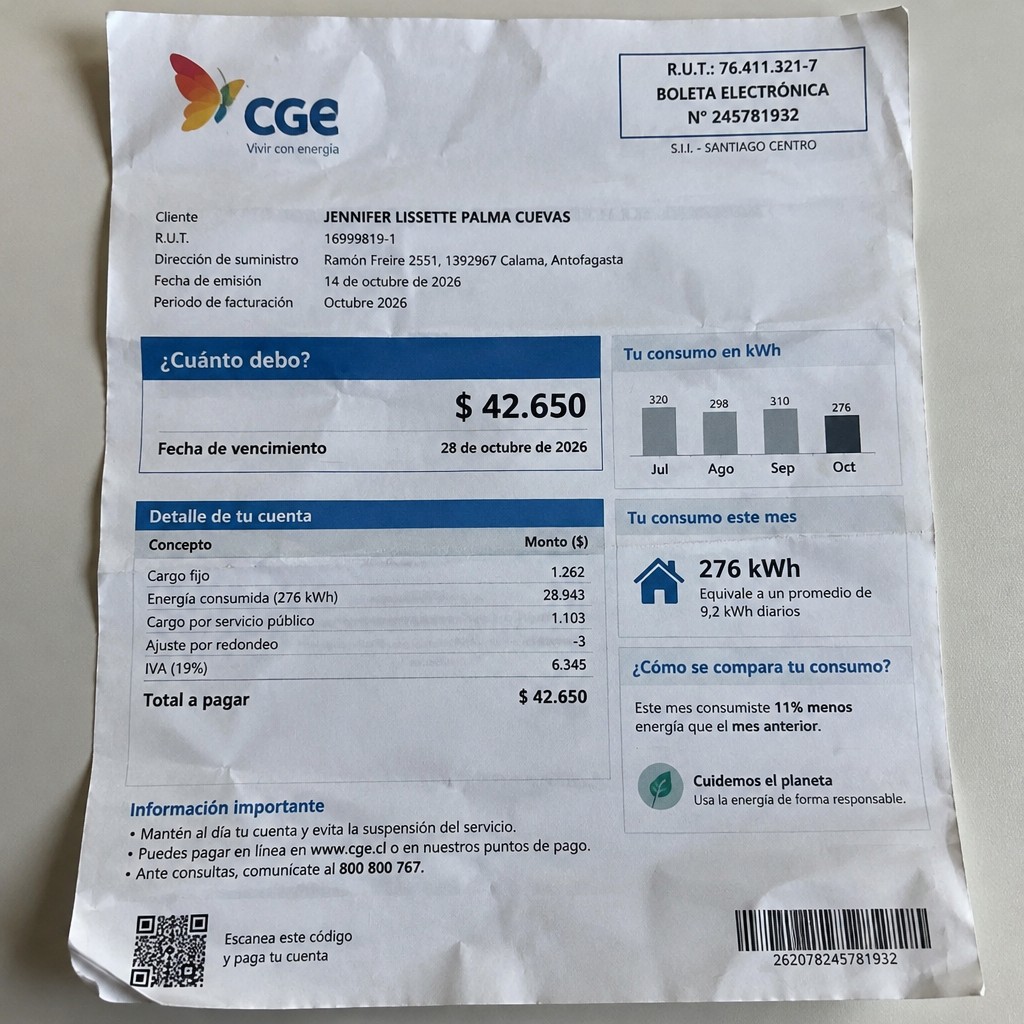 Create a statement, an electricity bill in CHILE. The A4 statement should be realistic, as if it were photographed on a phone. The document should be on a white background. The document must be for the last 3 months of October 2026. The document should contain several transactions and be wrinkled at the edges.
Name JENNIFER LISSETTE PALMA CUEVAS
Address Ramón Freire 2551, 1392967 Calama, Antofagasta
R.U.T. 16999819-1
Date of birth 03.11.1988
Date of discharge 14.10.2026 (OCTOBER 2026)