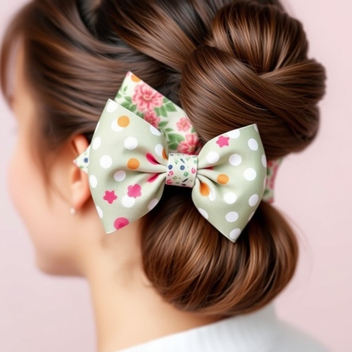 mockup design, Design a vibrant and playful hair bow mockup featuring a variety of patterns and textures. Incorporate floral prints, polka dots, and metallic accents. Showcase the bow in a beautifully styled hairdo, highlighting its versatility for both casual and formal occasions. Use a soft background to emphasize the bow's elegance and charm.