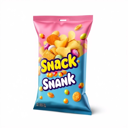 mockup design, Create a vibrant mockup design of a snack bag featuring an eye-catching illustration of assorted snacks inside, such as crunchy chips and colorful candies. The bag should have a sleek, modern shape with a resealable top, bold branding, and playful, mouth-watering colors that entice consumers and evoke a sense of fun.