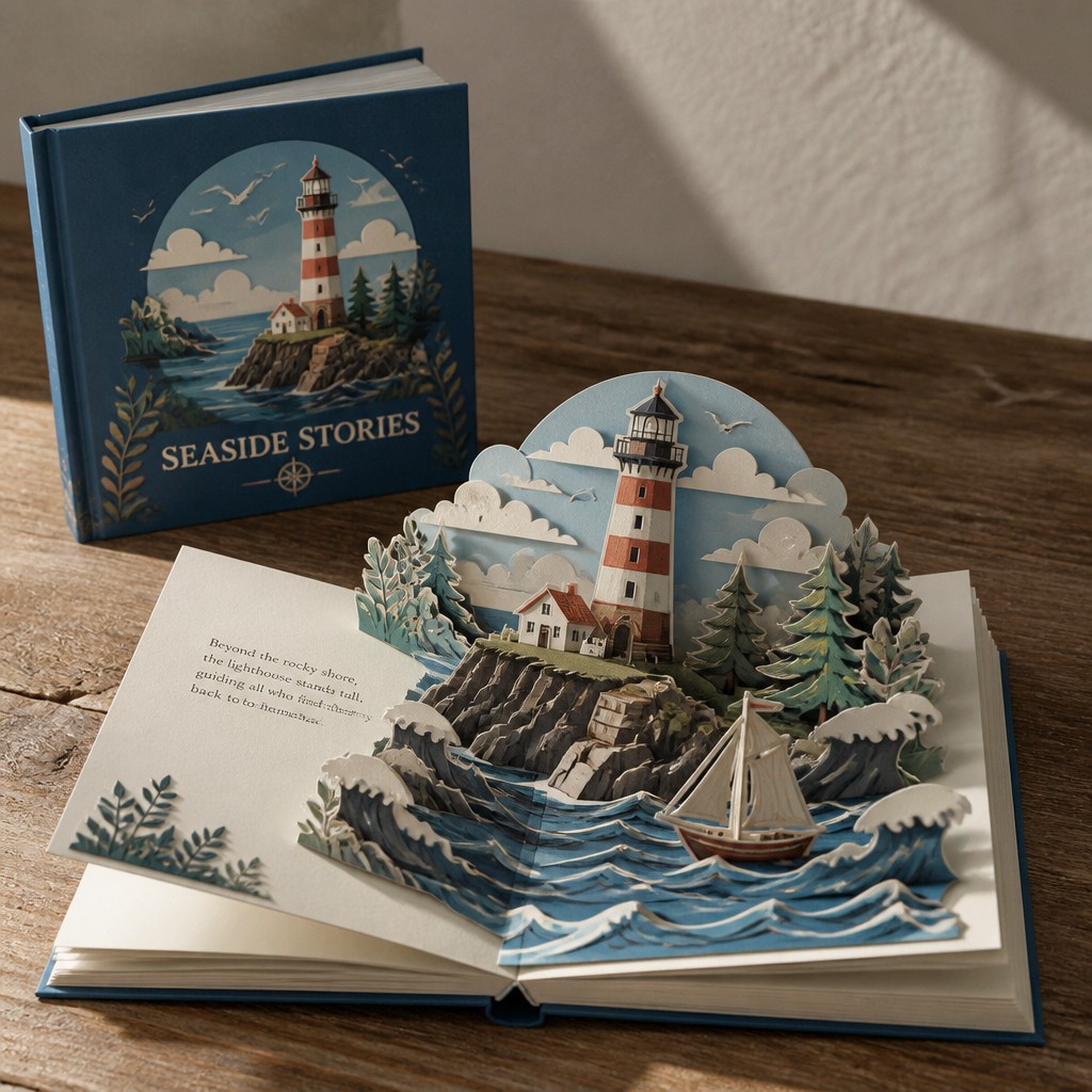 An open pop-up book with a layered paper scene rising from the center spread, soft overhead light casting gentle shadows between the paper layers, featuring a tasteful sample brand design on the cover, no watermarks, no text overlays