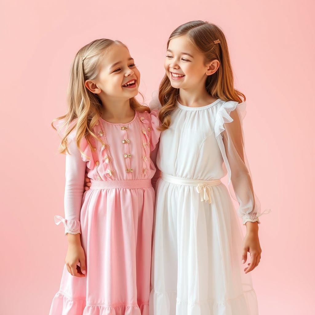 mockup design, Das Mockup zeigt zwei Mädchen in einem lebhaften, farbenfrohen Setting. Links das karamellhäutige Mädchen mit platinblonden Haaren, langem Minirock aus rosa Pailletten und schmetterlingsförmigem Top, aufwendig verziert mit Rüschen und goldenen Ketten. Rechts ihre größere Freundin, die in einem weißen Seidenkleid mit transparenten Ärmeln strahlt. Beide Mädchen lachen und umarmen sich, während ein sanfter Lichtschein ihre Outfits und das harmonische Zusammenspiel der Farben unterstreicht. Ein fröhlicher, freundschaftlicher Moment, perfekt für eine Modekollektion oder ein Magazin für jugendliche Mode.