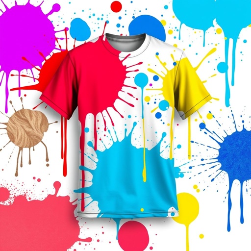 mockup design, Design a trendy T-shirt featuring an artistic splash of vibrant paint in both large and small splatters. Incorporate bold colors like blue, red, and yellow, creating a dynamic contrast against a white or black background. Ensure the paint drips add a playful, avant-garde touch, appealing to art enthusiasts and fashion-forward individuals.