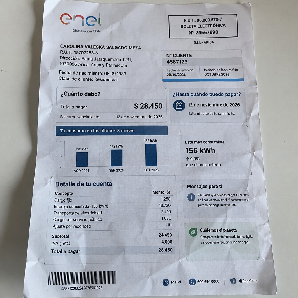 Create a statement, an electricity bill in CHILE. The A4 statement should be realistic, as if it were photographed on a phone. The document should be on a white background. The document must be for the last 3 months of October 2026. The document should contain several transactions and be wrinkled at the edges.
Name CAROLINA VALESKA SALGADO MEZA
Address Paula Jaraquemada 1231, 1020086 Arica, Arica y Parinacota
R.U.T. 15707253-6
Date of birth 08.09.1983