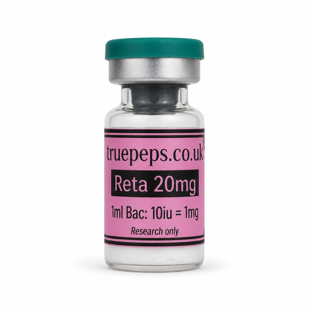 Recreate the exact glass pharmaceutical vial shown in the reference image, with no design changes whatsoever — same teal/green flip-off cap, same silver crimp collar, same clear glass vial, same pink label with black double-line border. Label text must match exactly: "truepeps.co.uk" at the top, a black bar containing "Reta 20mg" in pink text, then "1ml Bac: 10iu = 1mg" below it, and "Research only" in small italic text at the bottom. Do not alter colors, wording, logo, or label layout in any way.
Reframe only: center the vial upright in the middle of the frame, straight-on eye-level angle, full label facing camera and fully legible with no text cut off. Place on a seamless pure white studio background. Soft, even diffused studio lighting with no harsh glare on the glass or cap. Subtle soft realistic shadow directly beneath the vial. Sharp focus throughout, especially the label text. Professional e-commerce product photography style, high detail, 4K.