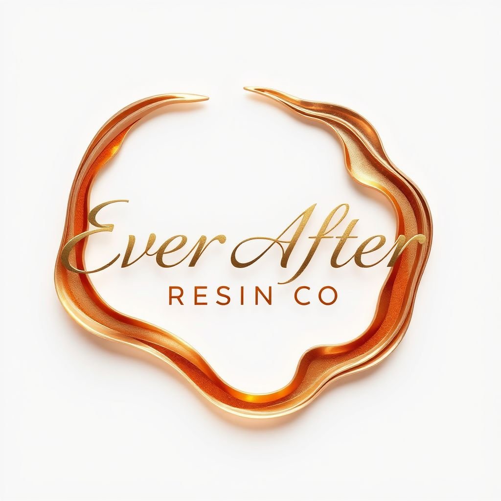 mockup design, Design a logo for Ever After Resin Co, blending elements of elegance and creativity. Incorporate bronze and silver metallic finishes, harmonized with a soft white background and burnt orange accents. The logo should reflect the artistry of resin work, using flowing lines and organic shapes, evoking a sense of timeless beauty.