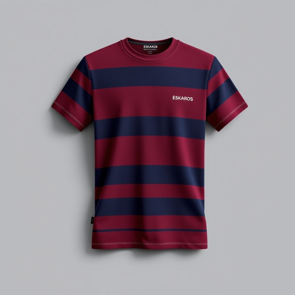 mockup design, Design a mockup of a vertical striped t-shirt in a rich burgundy color complemented by dark blue stripes. The shirt features a modern, minimalist logo of the brand name "Eskaros" elegantly placed on the left chest area. Showcase the fabric texture and fit to highlight its casual yet stylish nature.
