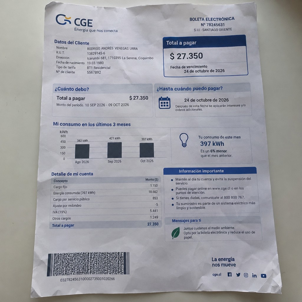 Create a statement, an electricity bill in CHILE. The A4 statement should be realistic, as if it were photographed on a phone. The document should be on a white background. The document must be for the last 3 months of October 2026. The document should contain several transactions and be wrinkled at the edges.
Name RODRIGO ANDRÉS VENEGAS URRA
Address Icarumbi 681, 1710395 La Serena, Coquimbo
R.U.T. 13829145-6
Date of birth 19.03.1980