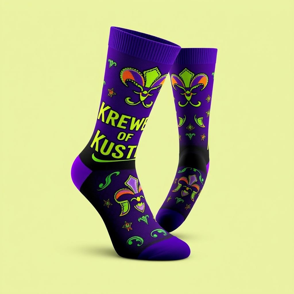 mockup design, Create a vibrant sock design mockup for the "Krewe Of Hustlers" brand. Infuse bold Royal Purple (#6A0DAD) and Electric Lime (#CCFF00) accents to embody Mardi Gras royalty and youthful energy. Integrate Rich Gold (#FFD700) lettering and patches for a touch of luxury. Utilize Black (#000000) for contrast and White (#FFFFFF) for balance, ensuring the design captures the lively New Orleans spirit. Add playful motifs or carnival-inspired patterns to enhance the festive vibe, making these socks perfect for celebrating life and joy.