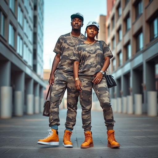 mockup design, Create a vibrant mockup featuring a stylish Black African American couple showcasing a trendy camouflage outfit. Highlight their white Air Force Ones, complemented by urban accessories like Timberland boots, a stylish cap, chunky chains, and a sleek bag. Set the scene in an urban environment to enhance their fashion-forward look.