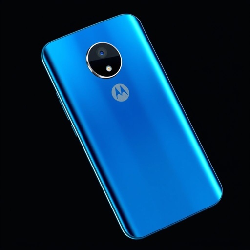 A sleek Moto G Power smartphone displays vibrant blue hues, encased in smooth plastic. A prominent 64 MP camera gleams at the back, highlighting its advanced technology. The device, boasting a robust 5000 mAh battery, features a 5G logo. Budget-friendly, it represents modern innovation within accessible reach.