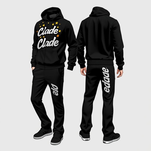 mockup design, Create a mockup design of a sleek black flared tracksuit featuring the word "Clade" emblazoned in bold silver graffiti letters across the chest. Surround the logo with vibrant stars to enhance the streetwear vibe. The trousers should replicate this design, showcasing "Clade" from pocket to pocket and on the backside.