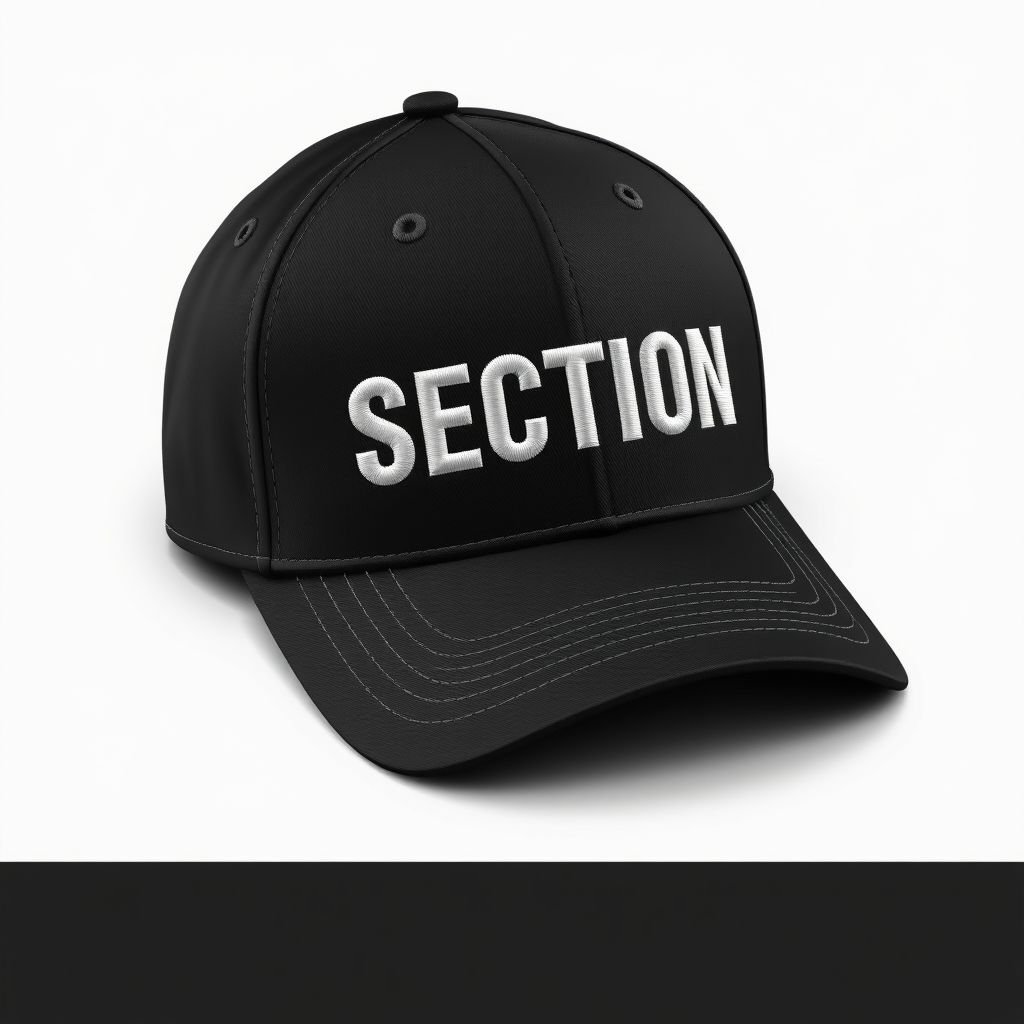 mockup design, Design a sleek black baseball hat featuring the brand name "SECTION" prominently embroidered in bold, modern typography. The hat should also showcase a stylized city skyline silhouette, elegantly integrated into the design. Use contrasting thread colors to enhance visibility and create a trendy, urban aesthetic suitable for casual wear.