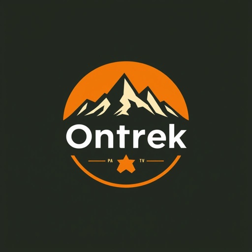 mockup design, Create a sleek and modern logo for "Ontrek," an innovative outdoor adventure brand. Incorporate earthy tones and dynamic mountain silhouettes. The design should evoke a sense of exploration and connection with nature. Include a minimalist font, emphasizing outdoor pursuits like hiking and camping, with an optional badge-style emblem for merchandise.