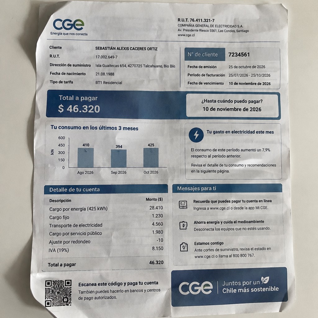 Create a statement, an electricity bill in CHILE. The A4 statement should be realistic, as if it were photographed on a phone. The document should be on a white background. The document must be for the last 3 months of October 2026. The document should contain several transactions and be wrinkled at the edges.
Name SEBASTIÁN ALEXIS CACERES ORTIZ
Address Isla Guaitecas 654, 4270725 Talcahuano, Bío Bío
R.U.T. 17002649-7
Date of birth 21.08.1988
Date of discharge 25.10.2026 (OCTOBER 2026)