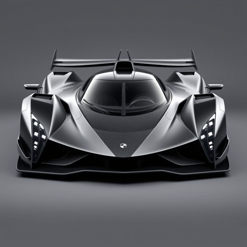mockup design, Envision an ultra-aggressive, aerodynamically refined hypercar that exudes performance from every angle. Its muscular, low-slung frame grips the road, complemented by sharp, angular lines reminiscent of a fighter jet. Features include a massive front splitter and intense air intakes, with razor-thin LED headlights creating a fierce expression. Carbon fiber elements abound, showcasing an intricate front fascia and a towering rear wing for unparalleled downforce. The single-seat cockpit, seen through a sweeping canopy, is topped with a striking central fin, evoking images of both Le Mans glory and sci-fi action sequences. This hypercar is a true masterpiece of modern engineering.