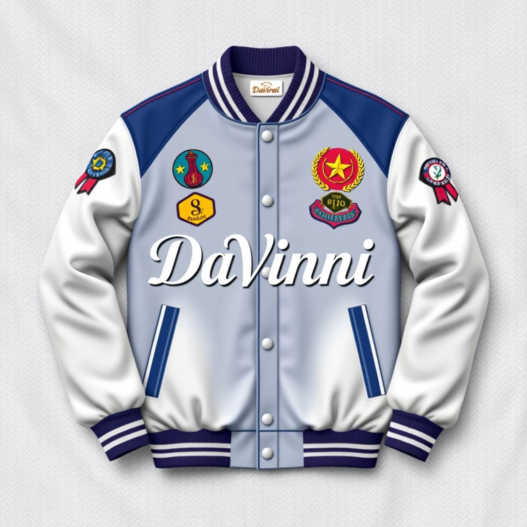 mockup design, Create a mockup design featuring a varsity jacket as the central element, adorned with colorful, embroidered patches representing various achievements. The background should subtly incorporate a textured fabric pattern, adding depth. Prominently display the DaVinci logo in an elegant font at the center, blending seamlessly with the overall sporty aesthetic.