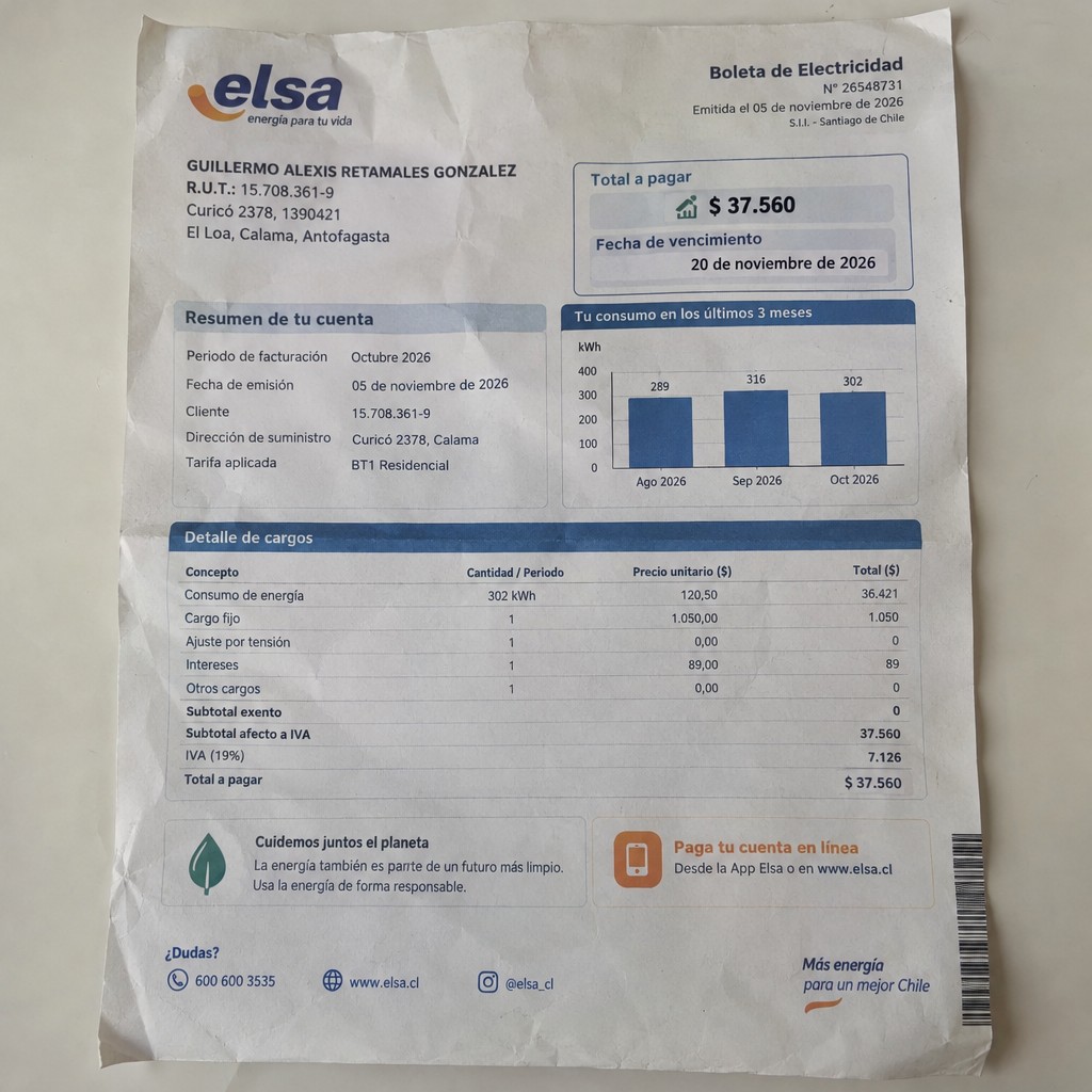 Create a statement, an electricity bill in CHILE. The A4 statement should be realistic, as if it were photographed on a phone. The document should be on a white background. The document must be for the last 3 months of October 2026. The document should contain several transactions and be wrinkled at the edges.
Name GUILLERMO ALEXIS RETAMALES GONZALEZ
Address Curicó 2378, 1390421 El Loa, Calama, Antofagasta
R.U.T. 15708361-9
Date of birth 23.11.1983