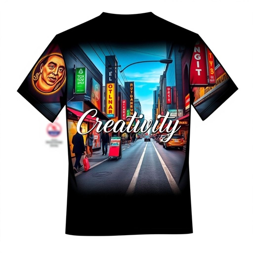 mockup design, Design a trendy t-shirt featuring a captivating street photo on the back, showcasing vibrant urban art and a bustling city vibe. On the front, elegantly display the word "Creativity" in a stylish cursive font, positioned centrally just below the neckline. Use contrasting colors to enhance visibility and appeal.