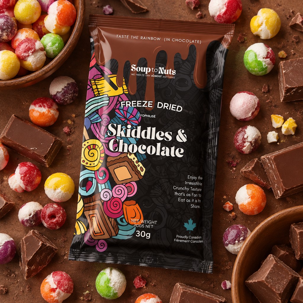 A photorealistic food packaging mock up. it is not a stand up pouch it is sealed on all 4 sides just like the the second photo first pick is what the package looks like second picture is how the package shape looks, when the product is sealed into it background has nice freeze dried skittles and chocolate