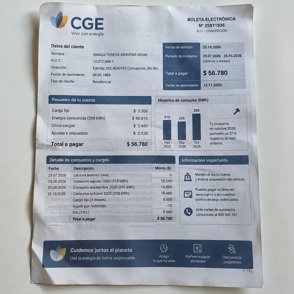 Create a statement, an electricity bill in CHILE. The A4 statement should be realistic, as if it were photographed on a phone. The document should be on a white background. The document must be for the last 3 months of October 2026. The document should contain several transactions and be wrinkled at the edges.
Name AMADA TERESA ARAVENA NOME
Address Ejército 263, 4030742 Concepción, Bío Bío
R.U.T. 12072048-1
Date of birth 06.05.1969
Date of discharge 25.10.2026 (OCTOBER 2026)