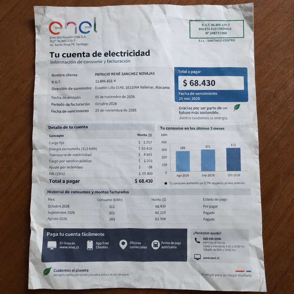 Create a statement, an electricity bill in CHILE. The A4 statement should be realistic, as if it were photographed on a phone. The document should be on a white background. The document must be for the last 3 months of October 2026. The document should contain several transactions and be wrinkled at the edges.
Name PATRICIO RENÉ SANCHEZ NOVAJAS
Address Eusebio Lillo 1140, 1611064 Vallenar, Atacama
R.U.T. 11606821-4
Date of birth 15.12.1968