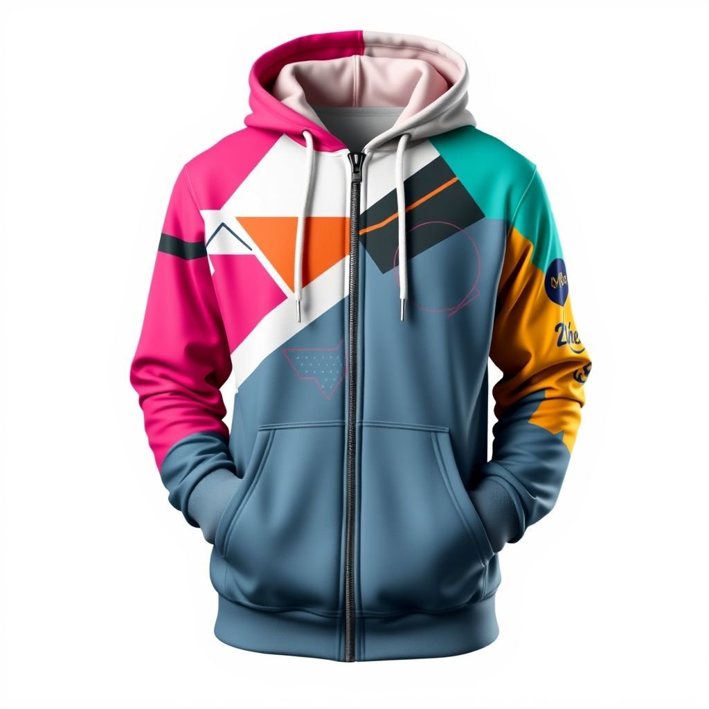 mockup design, Design a stylish zip-up hoodie featuring a modern, urban aesthetic. Incorporate a blend of vibrant colors and unique patterns, like geometric shapes or abstract art. The hoodie should have adjustable drawstrings, a spacious front pocket, and thumbholes in the sleeves. Emphasize comfort and versatility for both casual and active wearers.