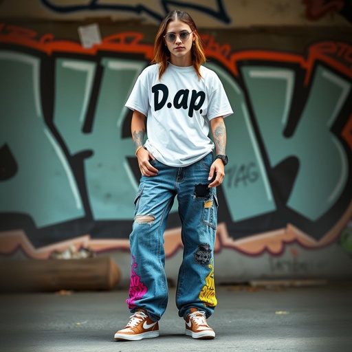 mockup design, Design a casual streetwear look featuring long, baggy jeans paired with a trendy graphic tee that showcases the text "D.ap" in a bold, eye-catching font. Incorporate vibrant colors and unique patterns on the jeans, while emphasizing a relaxed fit. Set against an urban backdrop with graffiti art for added flair.
