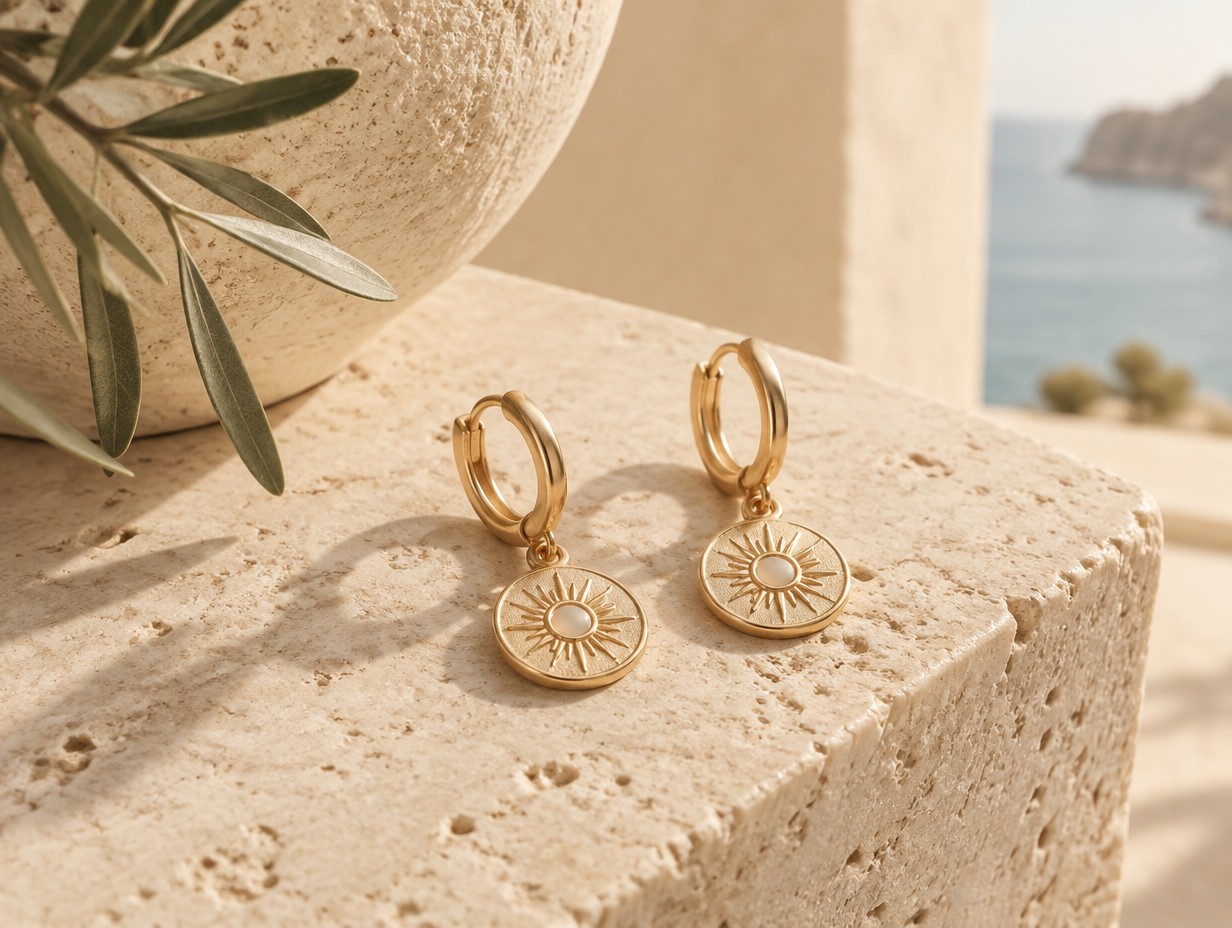 Minimal luxury jewelry product photography background, warm vertical ivory travertine, soft beige plaster backdrop, subtle warm sunlight, delicate realistic shadows, Mediterranean coastal aesthetic, elegant editorial styling, neutral cream and sand color palette, shallow depth of field.