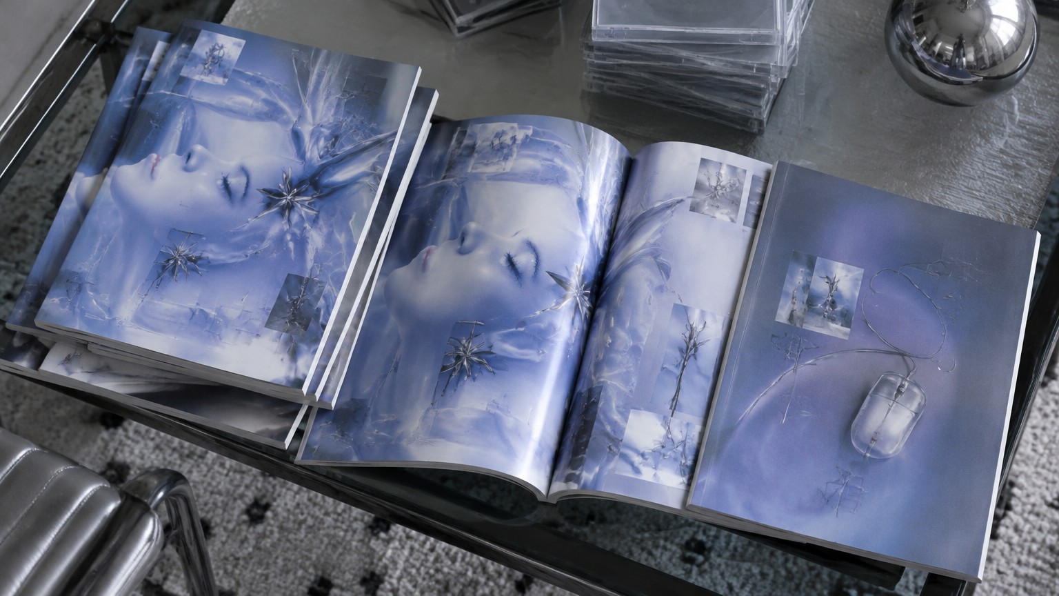 A photorealistic Y2K editorial magazine mockup, with the magazine lying open to a two-page spread on a stylish coffee table, photographed from a close overhead angle.
Use the uploaded artwork as the exact visual reference and preserve the original design faithfully. The uploaded blue-violet color palette should be the dominant color scheme throughout the mockup, complemented by subtle titanium-silver, chrome, and metallic accents. Create a sophisticated early-2000s Y2K aesthetic with glossy surfaces, subtle translucent plastic details, futuristic computer-era objects, soft reflections, and a refined retro-digital atmosphere. Avoid overly kitschy or childish Y2K elements.
The magazine should be B5-sized, with realistic paper texture, page thickness, natural page curvature, realistic shadows, and authentic physical-book proportions.
The front cover and interior pages must reproduce the uploaded artwork exactly. DO NOT alter, regenerate, translate, replace, reinterpret, distort, or remove ANY text from the uploaded images. Every visible word, Chinese character, number, letter, punctuation mark, font, and typographic element must remain exactly as in the original artwork. Do not generate any new text on the magazine pages.
An atmospheric editorial still life of several copies of an independent B5 art zine loosely stacked together, photographed like an artist's publication archive rather than a commercial product.
The books are slightly misaligned and casually offset, creating an intentional sense of imperfection and physicality. Some covers, spines, and paper edges are partially visible. The stack should feel handled and real, not perfectly arranged.
Use the uploaded artwork as the exact reference for every visible book cover and preserve the original design faithfully. All existing text, Chinese characters, numbers, typography, symbols, and graphic elements must remain completely unchanged. Do not regenerate or invent any text.
The visual identity is dominated by the uploaded blue-violet palette with restrained titanium-silver and chrome accents. Subtle Y2K references appear through translucent plastic textures, early-computer aesthetics, metallic surfaces, and understated retro-digital details.
Contemporary Japanese independent publishing aesthetic, artist book photography, experimental editorial design, quiet visual tension, tactile paper, subtle imperfections, soft daylight, muted shadows, slight film grain, refined but unconventional composition.
The result should feel like a photograph from an independent design publication or an artist's studio archive — intellectual, tactile, intimate, and slightly surreal — rather than a polished commercial mockup.
No people, no hands, no coffee, no shopping or advertising context, no excessive props, no glossy commercial product photography, no watermark, no text overlay, no newly generated text.Design the back cover and spine naturally based on the visual language, colors, typography, and graphic elements of the uploaded artwork, making them feel like an organic continuation of the same publication. On the back cover, incorporate only 1–2 subtle Y2K computer mouse elements, integrated naturally into the existing graphic design. The mouse elements should feel like authentic late-1990s/early-2000s computer hardware, preferably sleek translucent plastic or titanium-silver, rather than cartoon illustrations.
Soft natural daylight, realistic editorial photography, subtle film grain, premium print texture, gentle reflections, carefully controlled highlights, sophisticated composition, high-end independent magazine photography.
No watermark, no text overlays, no additional objects obscuring the magazine, no hands, no newly generated typography, no altered text, no fake logos, no extra words.Negative prompt: altered text, misspelled text, rewritten text, fake typography, invented letters, missing characters, distorted Chinese characters, substituted fonts, regenerated page content, extra words, extra logos, watermark, text overlay, cartoon mouse, excessive Y2K decoration, cyberpunk, neon overload, childish aesthetic, unrealistic book proportions, warped pages, distorted perspective.
