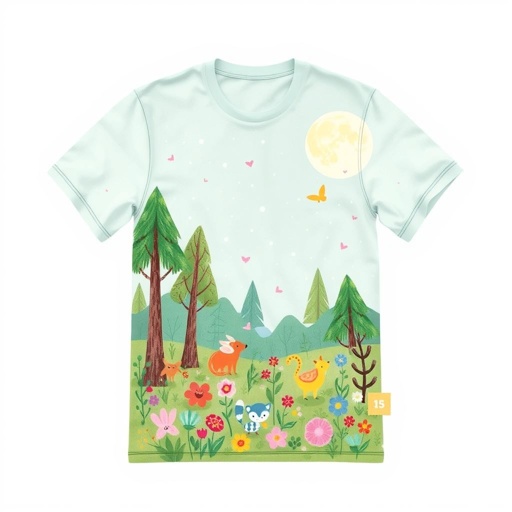 mockup design, Design a vibrant t-shirt that features a whimsical, hand-drawn illustration of a magical forest scene. Incorporate elements like a moonlit sky, playful woodland creatures, and colorful flowers. Use a soft, eco-friendly fabric in pastel colors, with the illustration placed prominently on the front and a small logo on the back.