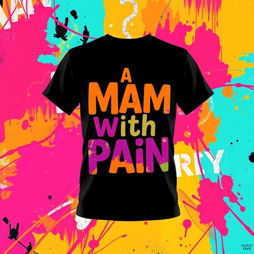 mockup design, Design a mockup for a vibrant t-shirt featuring the phrase "A Mam with Pain" in bold, artistic typography. Incorporate striking colors and an abstract background that represents strength and resilience. Highlight the shirt's comfortable fit and soft fabric, making it appealing for both casual wear and expressive fashion statements.