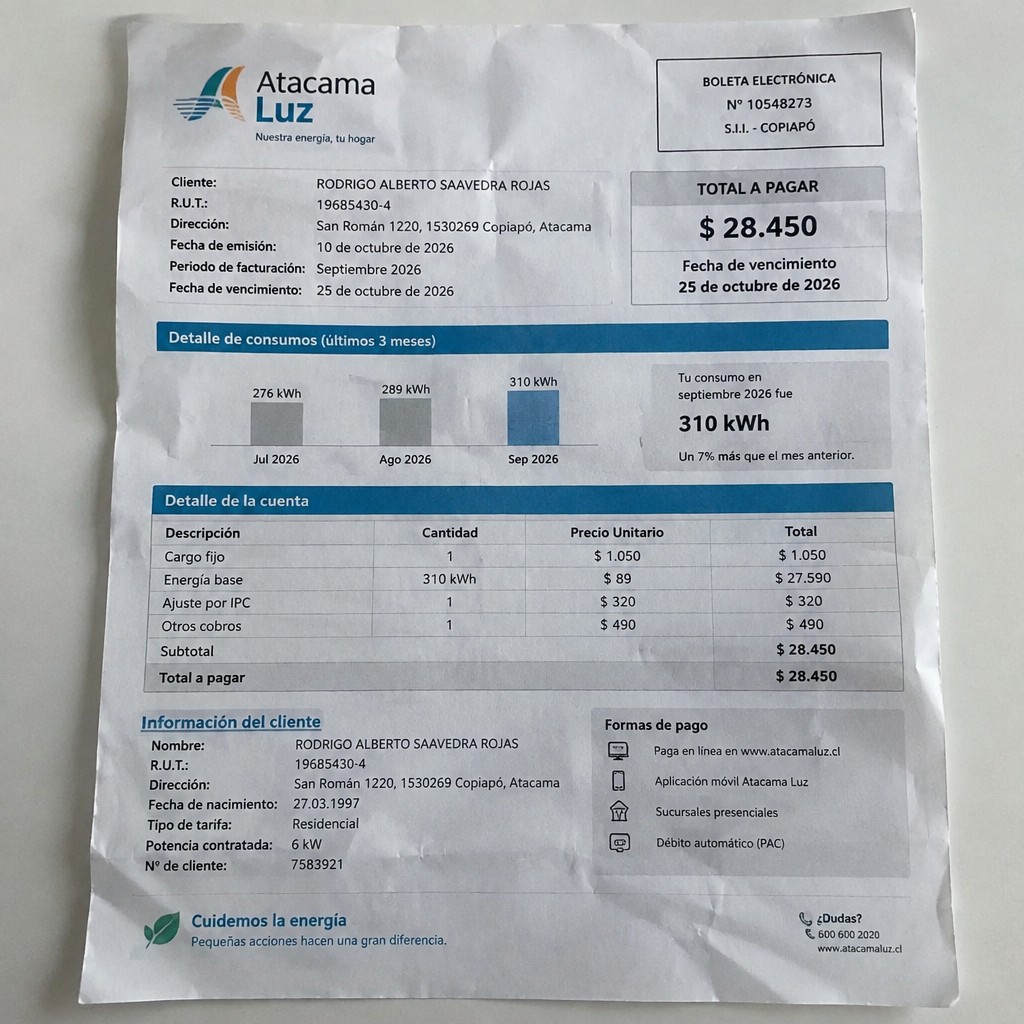Create a statement, an electricity bill in CHILE. The A4 statement should be realistic, as if it were photographed on a phone. The document should be on a white background. The document must be for the last 3 months of October 2026. The document should contain several transactions and be wrinkled at the edges.
Name RODRIGO ALBERTO SAAVEDRA ROJAS
Address San Román 1220, 1530269 Copiapó, Atacama
R.U.T. 19685430-4
Date of birth 27.03.1997
Date of discharge 10.10.2026 (OCTOBER 2026)