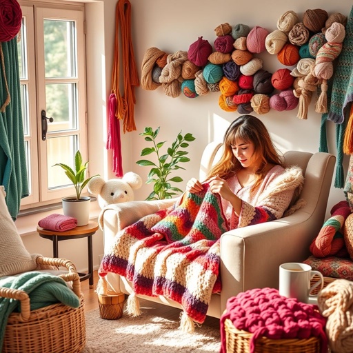 mockup design, A cozy, sunlit room filled with vibrant yarns and crafted blankets. A woman with long, curly hair sits comfortably in a plush armchair, focused on crocheting a colorful blanket. Soft pillows surround her, while a small potted plant adds a touch of greenery. A warm cup of tea rests on a side table.