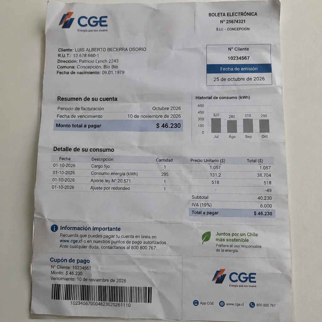 Create a statement, an electricity bill in CHILE. The A4 statement should be realistic, as if it were photographed on a phone. The document should be on a white background. The document must be for the last 3 months of October 2026. The document should contain several transactions and be wrinkled at the edges.
Name LUIS ALBERTO BECERRA OSORIO
Address Patricio Lynch 2243, 4080885 Concepción, Bío Bío
R.U.T. 13678660-1
Date of birth 09.01.1979
Date of discharge 25.10.2026 (OCTOBER 2026)