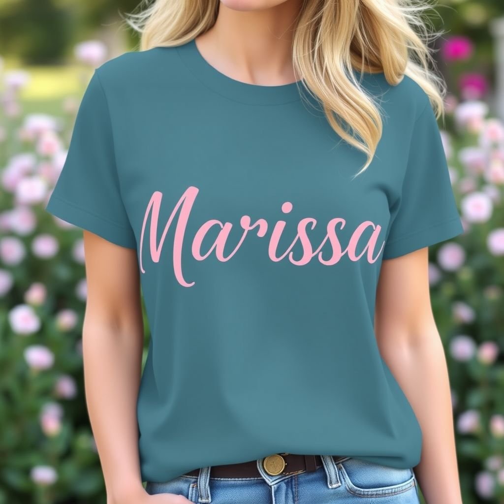 mockup design, Create a mockup design featuring the name "Marissa" elegantly displayed on a stylish t-shirt. The design should incorporate a chic, modern font, with playful colors like pastel pink and teal. Include a subtle floral pattern in the background to add a feminine touch, showcasing the shirt in a casual outdoor setting.
