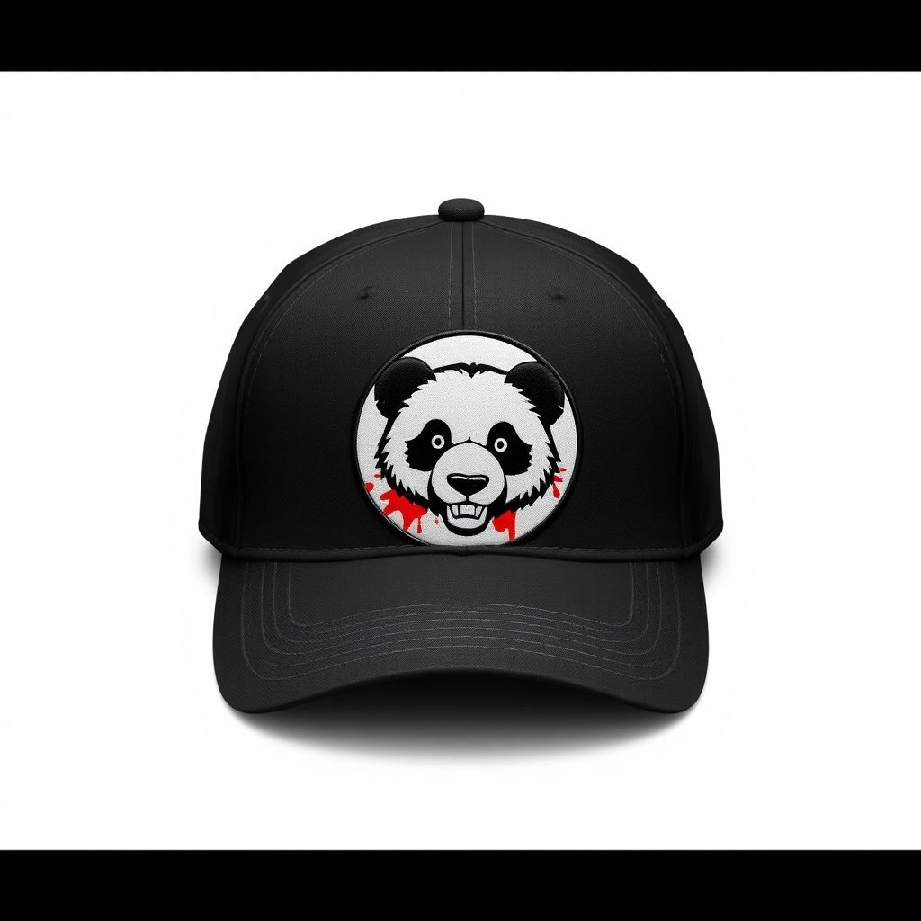 mockup design, Design a striking black baseball hat featuring a bold circular patch at the front, showcasing a stylized panda with artistic splashes of red resembling blood. Above the patch, elegantly embroidered in contrasting white thread, the brand name "Clade" stands out. The hat embodies an edgy, contemporary aesthetic perfect for trendsetters.