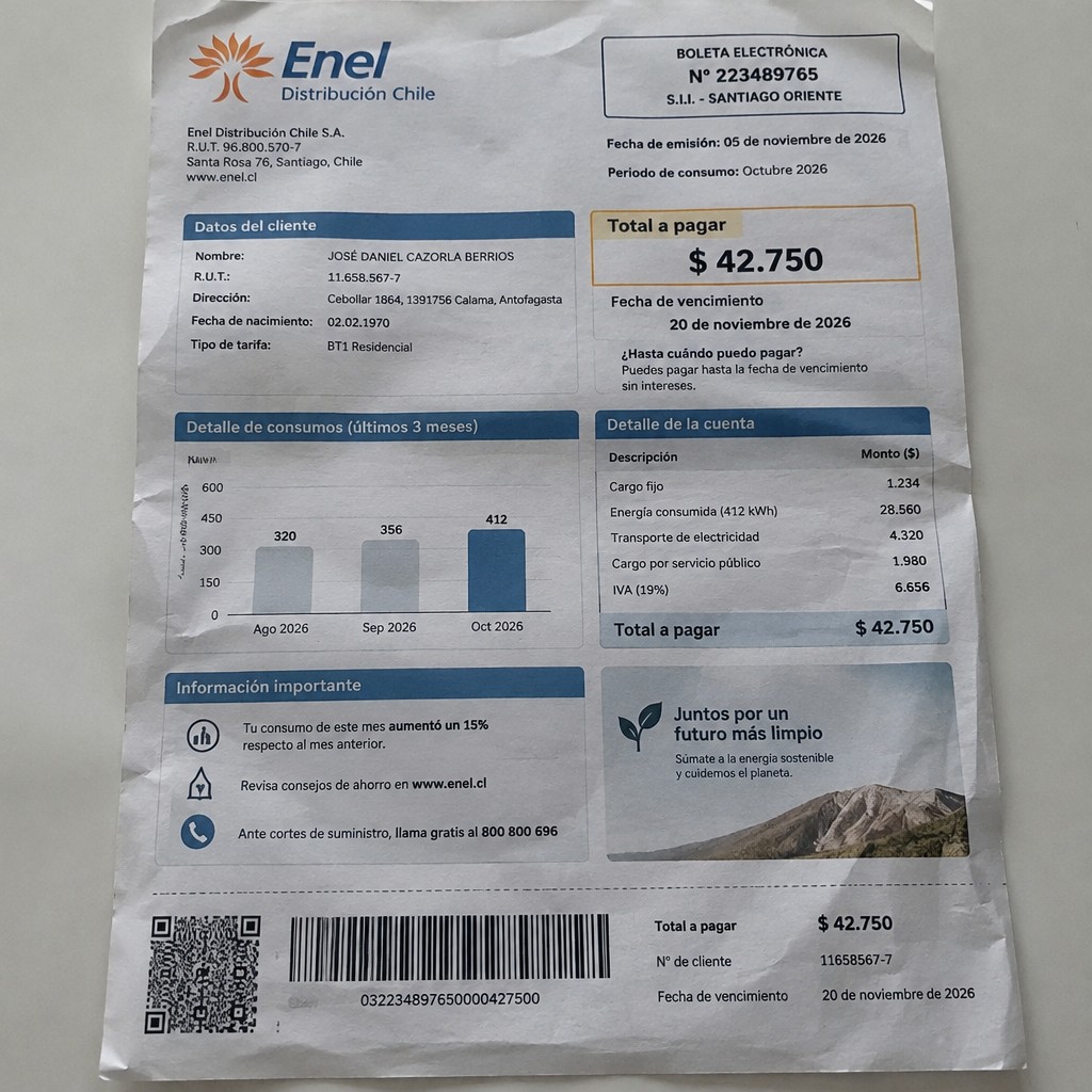 Create a statement, an electricity bill in CHILE. The A4 statement should be realistic, as if it were photographed on a phone. The document should be on a white background. The document must be for the last 3 months of October 2026. The document should contain several transactions and be wrinkled at the edges.
Name JOSÉ DANIEL CAZORLA BERRIOS
Address Cebollar 1864, 1391756 Calama, Antofagasta
R.U.T. 11658567-7
Date of birth 02.02.1970