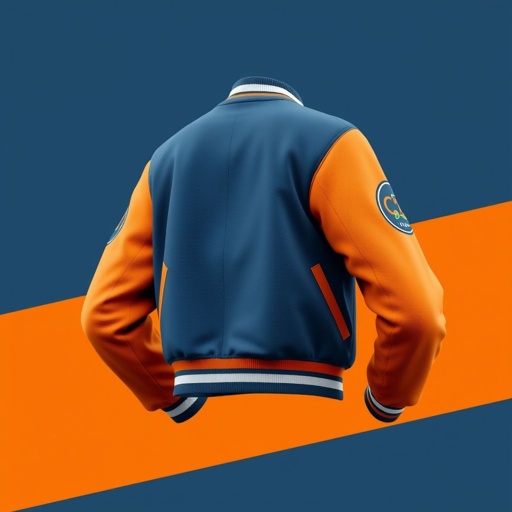 mockup design, Design a mockup for a cropped varsity jacket in 3D, showcasing a vibrant two-tone color scheme. Include detailed textures for sleeve patches and embroidery. The design should feature a dynamic pose, highlighting the jacket's fit and style. Present the mockup in a PDF format with customizable layering options for easy adjustments.