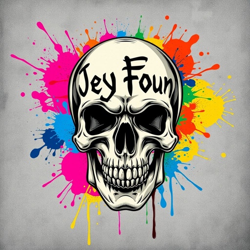 mockup design, Design a bold mockup featuring a detailed Totenkopf (skull) with the striking inscription "Jey Foun" artistically placed on the forehead. Surround the skull with vibrant splashes of paint in a range of colors, creating an eye-catching contrast. The background should be a textured surface to enhance the dynamic visuals.