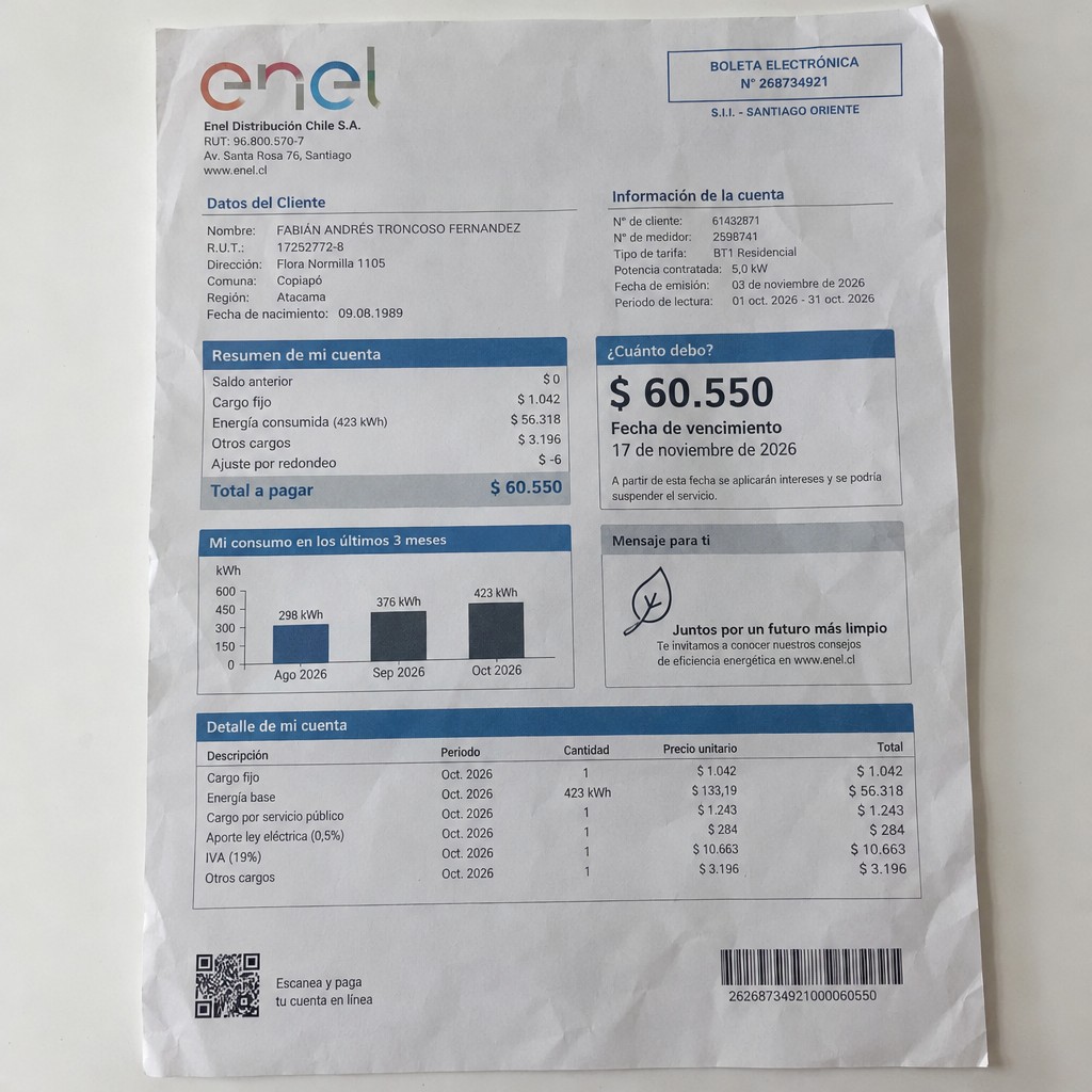 Create a statement, an electricity bill in CHILE. The A4 statement should be realistic, as if it were photographed on a phone. The document should be on a white background. The document must be for the last 3 months of October 2026. The document should contain several transactions and be wrinkled at the edges.
Name FABIÁN ANDRÉS TRONCOSO FERNANDEZ
Address Flora Normilla 1105, 1531414 Copiapó, Atacama
R.U.T. 17252772-8
Date of birth 09.08.1989