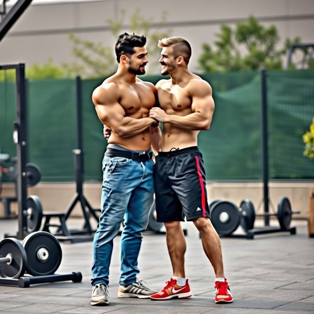 mockup design, Create a dynamic scene featuring a muscular man standing confidently next to a skinny guy, showcasing a stark contrast in body types. The setting should be an outdoor gym, with weights and exercise equipment in the background. Capture their camaraderie through playful banter, highlighting strength and friendship in a vibrant, energetic atmosphere.