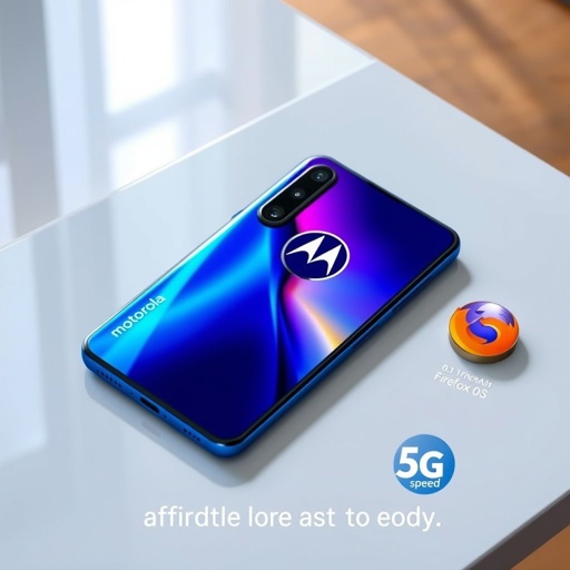 A Motorola smartphone rests atop a sleek, modern table. Vibrant blue exterior glistening under soft light. 6.1-inch screen displaying vivid colors, showcasing a crisp interface. The camera lens gleams, emphasizing 64 MP capabilities. Substantial 5000 mAh battery nestled inside. Distinct Firefox OS branding evident. Symbols of 5G speed nearby. Affordable elegance.
