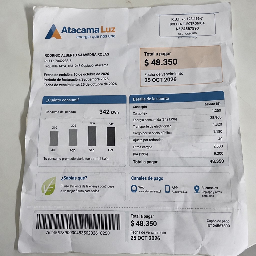 Create a statement, an electricity bill in CHILE. The A4 statement should be realistic, as if it were photographed on a phone. The document should be on a white background. The document must be for the last 3 months of October 2026. The document should contain several transactions and be wrinkled at the edges.
Name RODRIGO ALBERTO SAAVEDRA ROJAS
Address Tegualda 1424, 1531245 Copiapó, Atacama
R.U.T. 7042233-6
Date of birth 12.07.1969
Date of discharge 10.10.2026 (OCTOBER 2026)